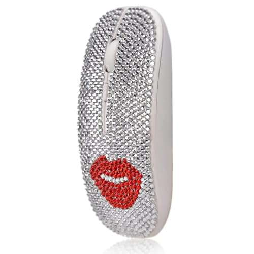 Bling Austrian Crystal Rhinestone Coverd Computer Mouse with USB Receiver, Sparkly Red Lips Flat Mice for Notebook, PC, Laptop, MacBook - Red Lip 2