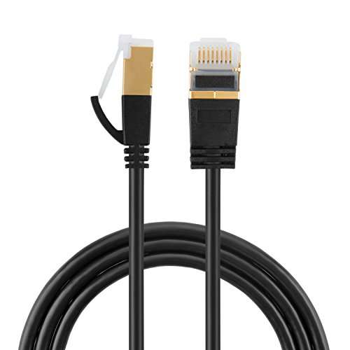 CableCreation 10 FT Ultra Slim RJ45 Cat7 Ethernet Patch Cable, 50U” Gold Plated SSTP Network Cable up to 10 Gigabit Band Width 500MHZ Low Profile Plug 3M Black 1