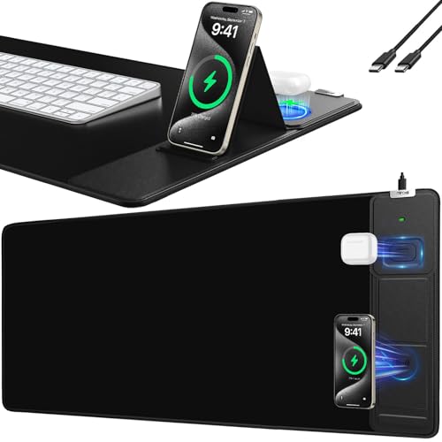 Mouse Pad with Foldable Phone Holder, Wireless Charging Desk Mat, 31.5"x15.8" Large Mousepad with Superior Micro-Weave Cloth, XXL Desk Pad with Non-Slip, Waterproof Keyboard Pad for Home & Office