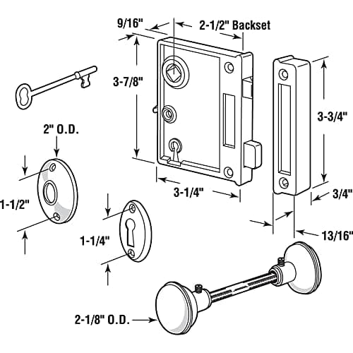 Prime-Line E 2437 Vertical Trim Vintage Lock Set – Cast Steel, Brass Plated Knobs, Antique Skeleton Key Lock System – 2-1/2” Backset, Surface Mounted, Right-Hand Swing-In Interior Doors (Single Pack) 2