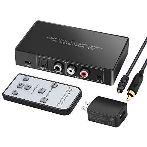Digital to Analog Audio Converter with Remote, 192KHz/24bit Digital Coaxial Toslink to Analog L/R RCA 3.5mm Audio with Both Toslink Cable and Coaxial Cable 1