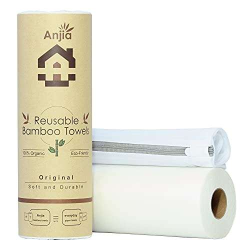 Anjia® Original Reusable Bamboo Rayon Towels - 50 Sheets, A Wash Bag Included - Great as Kitchen Paper Towel, Facial Washcloth, Napkins, Cleaning Cloth and Dish Rags - Replacement of Paper Towels Bulk 1