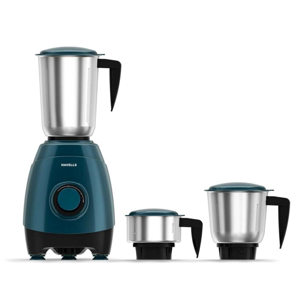 Havells ESO 750 Watt Mixer Grinder | 3 Stainless Steel Jars with Handles | 304 Rust-Resistant SS Blades | 21000 RPM High-Speed Motor | 5-Year Motor Warranty | Heavy-Duty Mixie (Teal) 1