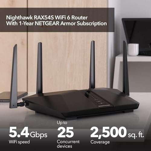 NETGEAR Nighthawk 6-Stream Dual-Band WiFi 6 Router (RAX54S) – Security Features, AX5400 Wireless Speed, Up to 5.4 Gbps, Covers up to 2,500 sq. ft., 25 Devices - 1-Year Armor Subscription Included 2