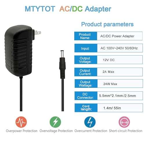 12 Volt 2A Power Adapter Supply, AC 100-240V to DC 12 V Power Supply Transformer Charger Wall Plug for DC12V Light Security CCTV Camera, Black, 8x5x3.3 cm 2