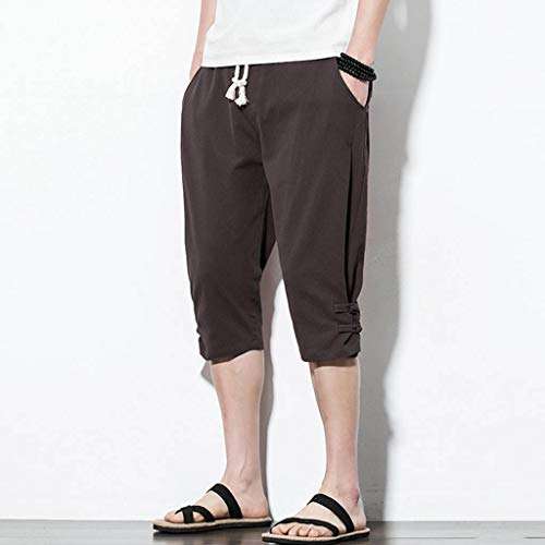 Hmlai Clearance Men Shorts Casual Big and Tall Elastic Waist Fashion Leisure Linen Loose Fit Calf-Length Linen Pants (2XL, Brown) 2