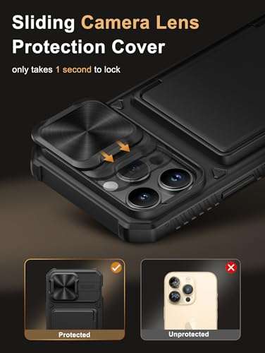 Vihibii for iPhone 14 Pro Max Back Cover with Card Holder (4 Cards) [RFID Blocking] & Slide Camera Cover, Military Grade Drop Protection, Rugged Hard Back & Silicone Edge Wallet Phone Case 6.7", Black 4
