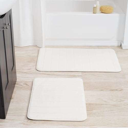 Bathroom Rugs - 2-Piece Memory Foam Bath Mats with Microfiber Top - Non-Slip Absorbent Rugs for Shower, Laundry, or Kitchen by Lavish Home (White)