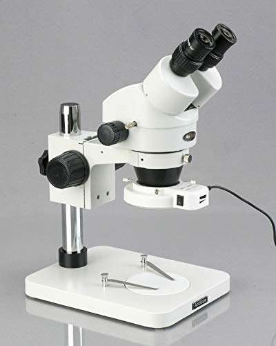AmScope SM-1BSY-64S Professional Binocular Stereo Zoom Microscope, WH10x Eyepieces, 7x-90x Magnification, 0.7X-4.5X Zoom Objective, 64-Bulb LED Ring Light, Pillar Stand, 110V-240V, Includes 2.0x Barlow Lens 3