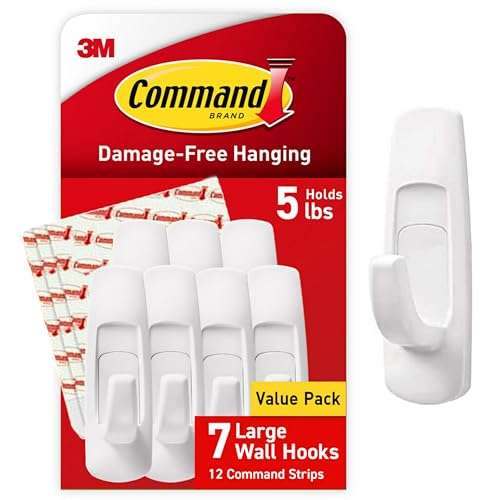 Command 5 lb Large Utility Hooks, 7 Wall Hooks and 12 Command Strips, Damage-Free Hanging with Adhesive Strips, No Tools for Hanging Christmas Decorations