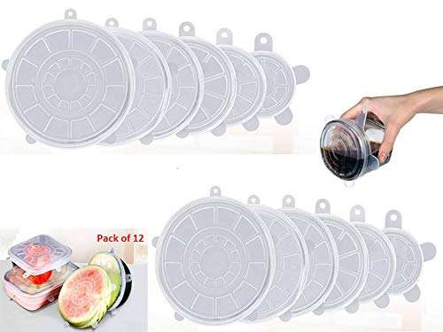 INVOSS Pack of 12 High Quality Reusable Microwave/Dishwasher/Freezer Safe Silicone Stretch Lids Flexible Bowl/Cups/Mugs/Glasses/Cans/Plates Covers (White)