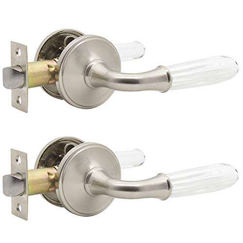 Interior Door Knobs Handles Modern Glass Door Knobs Passage Door Levers with Contemporary Satin Nickel Finish, Keyless Drop Door Handlesets for Hallway Closets, Reversible Handing - 2 Pack 1
