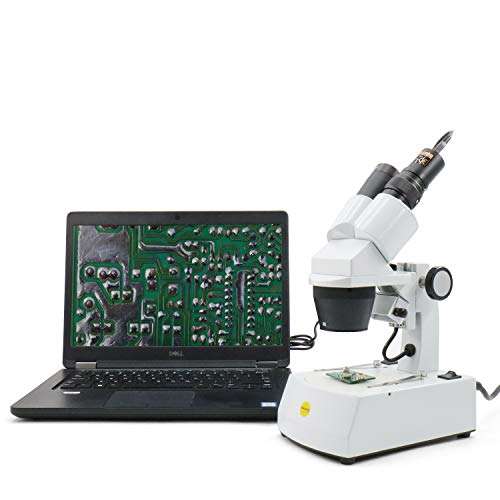 Swift S308 Binocular Stereo Microscope for 20X, 40X, and 80X Magnification, with 2MP Digital Eyepiece Camera, Wide-Field 10X and 20X Eyepieces, and Tungsten Lighting 5