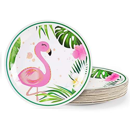 WERNNSAI 50PCS 9'' Flamingo Plates - Hawaiian Luau Tropical Themed Party Supplies Disposable Paper Tableware Dinner Plates for Birthday Summer Pool Beach Picnic Party 1