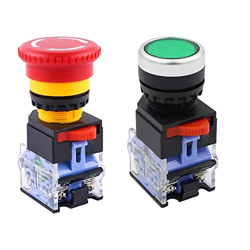 22mm Emergency Stop Button and Green Momentary Push Button Combo, Mushroom Head E-Stop Switch for Industrial Automation & Control Panels