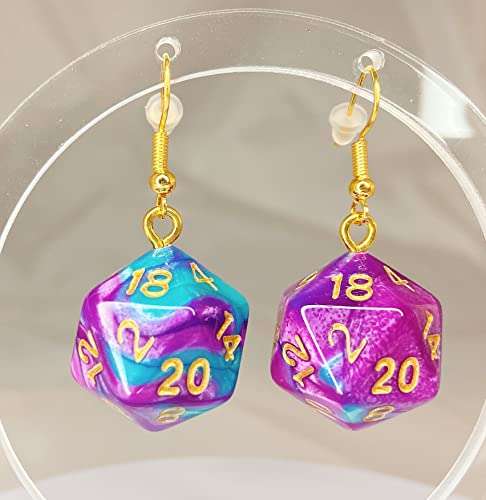 d20 20-Sided Polyhedral Dice Earrings - Hook with Earnuts (Light Blue-Purple Swirl) 4