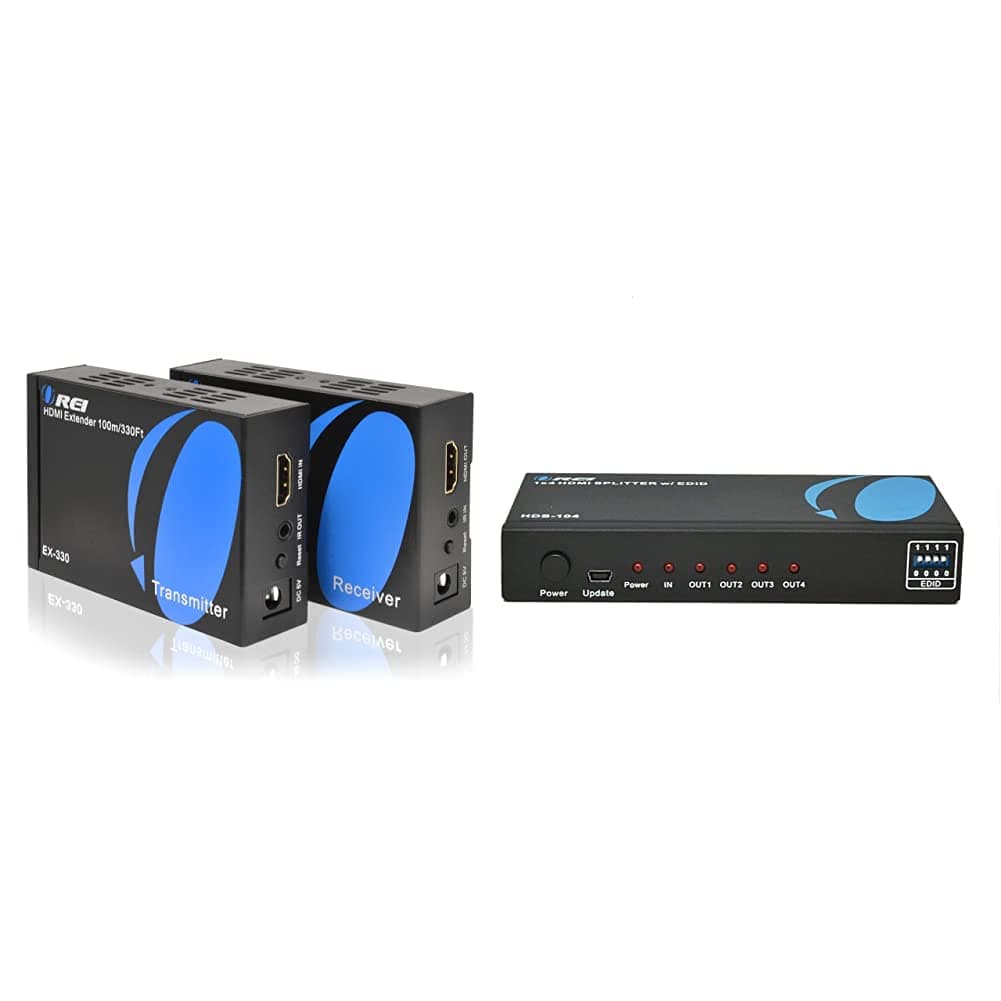 HDMI Extender Balun by Orei Upto 330 Feet 1080p Signal Over Single CAT5e/CAT6 Ethernet Cable, Deep Color & 4K 1x4 HDMI Splitter 1 in 4 Out by OREI - Ultra HD @ 30 Hz 1x4 Ver. 1.4 HDCP