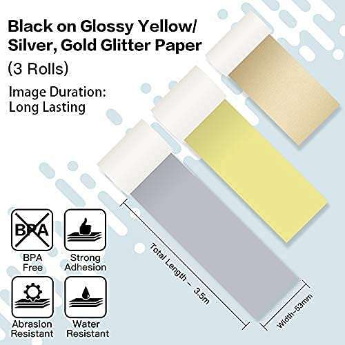 Phomemo M02 Pocket Printer with 1 Black on Glossy Yellow/Silver Transparent Paper, Gold Glitter Sticker Paper 3