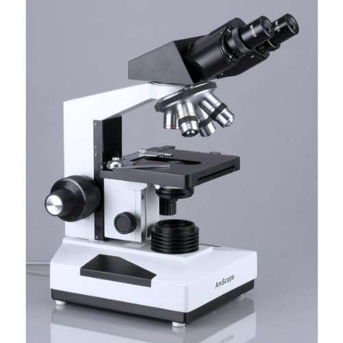 AmScope B490B Compound Binocular Microscope, WF10x and WF20x Eyepieces, 40X-2000X Magnification, Brightfield, Halogen Illumination, Abbe Condenser, Double-Layer Mechanical Stage, Sliding Head, High-Resolution Optics, Anti-Mold , White 3