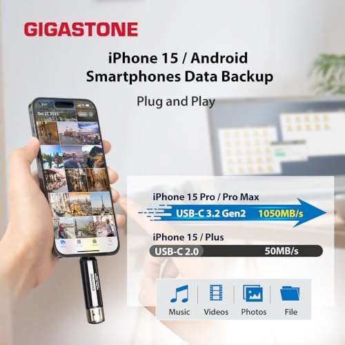 Gigastone [USB3.2 Gen2] USB-C+USB-A External SSD 1TB 1,050MB/s for PS5 iPhone15 MacBook iPad Xbox Gaming SSD Backup Hard Drive 5