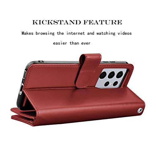 Njjex Wallet Case for Samsung Galaxy S21 Plus 5G, for Galaxy S21 Plus Case 6.7", [9 Card Slots] PU Leather Credit Holder Folio Flip [Detachable] Kickstand Magnetic Phone Cover & Lanyard [Wine Red] 5