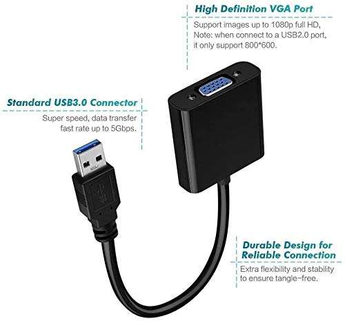 USB to VGA Adapter, USB 3.0/2.0 to VGA Male to Female Adapter, 1080P HD Multi-Display Video Converter, Support PC Laptop Windows 7/8/8.1/10, Desktop, Monitor, Projector, HDTV, Chromebook (Black) 3