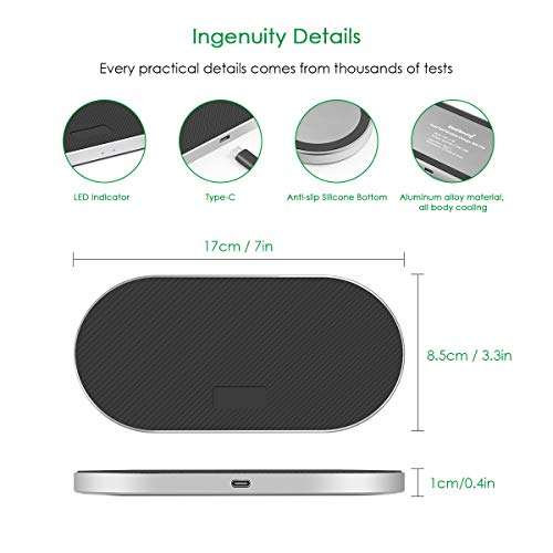 ZealSound 5 Coils Wireless Charger Charging Pad, Fast Quick Anti-Slip Silicon Metal Aluminum w/QC 3.0 Adapter Chargers Station Dock for Qi New AirPods Multiple Devices Can't Support 15W Phones-Black 4