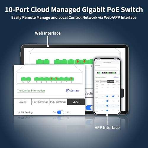 10-Port Gigabit Managed PoE Switch, 8 PoE+ Ports@120W with 2 Gigabit Uplink, IEEE802.3af/at, VLAN, PoE Scheduler, Fanless, Plug and Play, Sturdy Metal Ethernet Switch 2