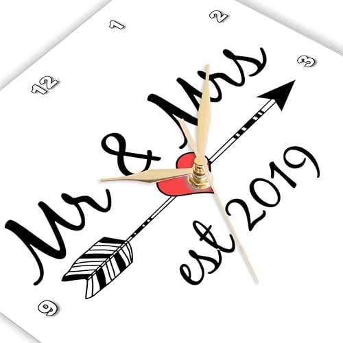 3dRose Wall Clock Silent - 10 inch - Mr and Mrs Est 2019 Black Lettering and Arrow with red Heart on White. - Stamp City - Typography 4