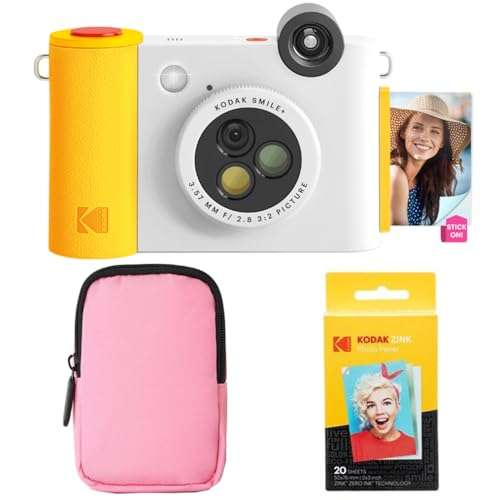 KODAK Smile+ 2-in-1 Digital Instant Print Camera & Wireless Bluetooth Photo Printer Starter Bundle + Soft Case + Zink 20pk Sticky-Back Photo Paper - 10MP, Special-Effect Rotating Lens - White 1