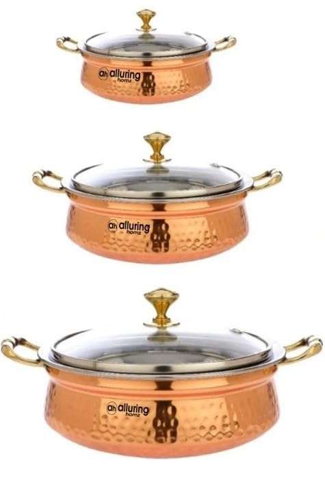 Alluring Homz Combo Hammered Steel Copper Casserole Handi Bowl with Glass Lid,Tableware and Serveware Serving Dishes Copper, Handi (300 ml +500 ml + 800 ml) Pack of 3 1
