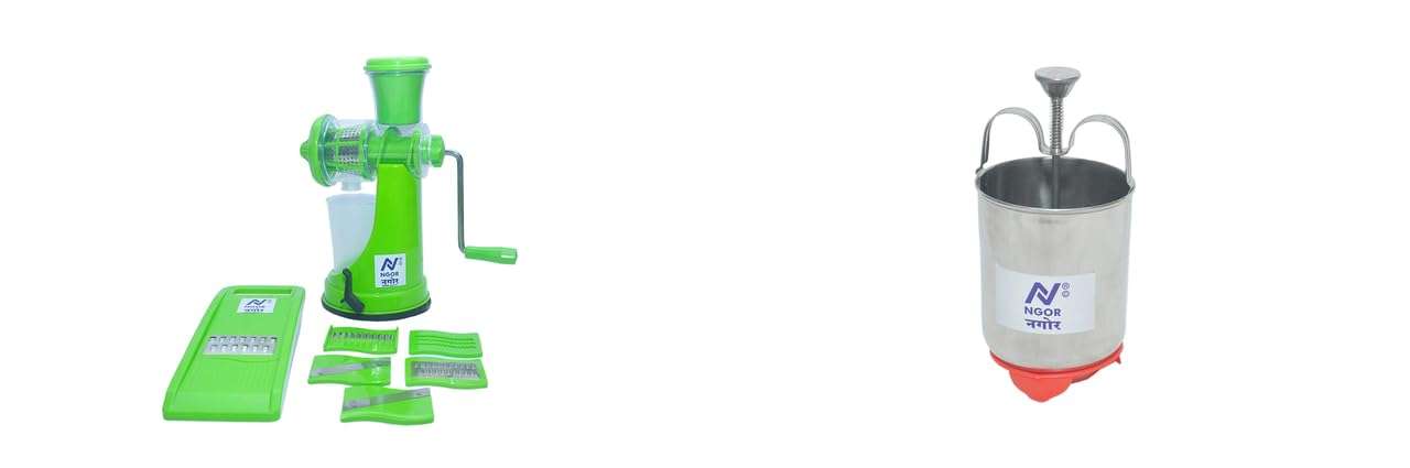 NGOR Manual Hand Fruit Juicer Small Size (juicer Steel Blades + 6 in 1 Slicer) (Green) and Stainless Steel Mendu WADA Maker Mendu WADA Machine Perfectly Shaped/Donut Maker 1