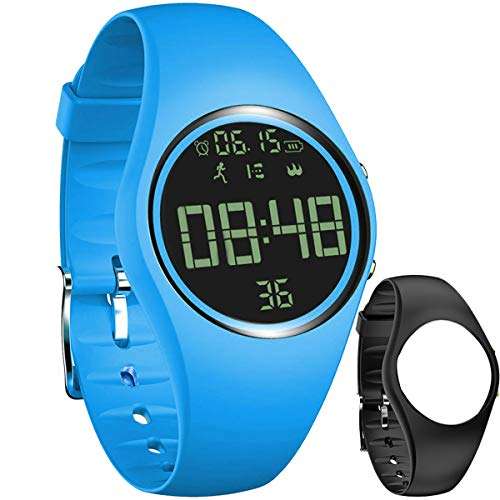 Simple Fitness Tracker [Swim Waterproof & No APP Need] Step Counter Walking 3D Non-Bluetooth Walking Pedometer Watch with Vibration Alarm Clock/Calorie Burned/Distance/Alarm/Stopwatch for Kid Blue 1