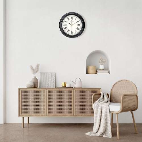 Lafocuse 12 Inch Black Wall Clock Roman Numerals, Silent Analog Wall Clock Battery Operated for Kitchen Living Room Bedroom, Retro Home Décor 4