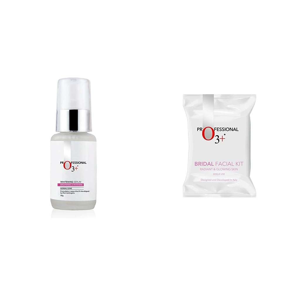 O3+ Whitening Serum for Pigmentation Control and Skin Brightening, 50ml & O3+ Bridal Facial Kit for Radiant & Glowing Skin - Suitable for All Skin Types (120g, Single Use) Combo 2