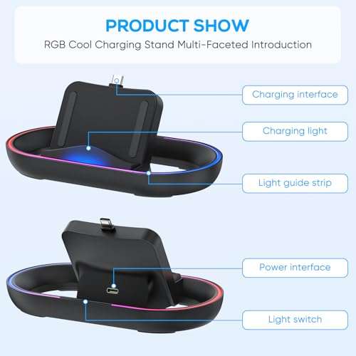 FASTSNAIL Charging Stand for PS Portal Remote Player, Portable Charge Dock Station with 14 RGB Light Modes and Type-C Cable, Charge Base Holder Accessories for PlayStation 5 Portal Console -Black 6
