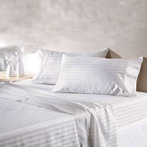 Cool Dealzz 300 TC Hotel Quality 100% Cotton Satin Super Queen Size Double Bed Sheet Set (1 Sheet and 2 Pillow Covers)(Stripe Satin) (95 x 95 Inches) (Super White) 4
