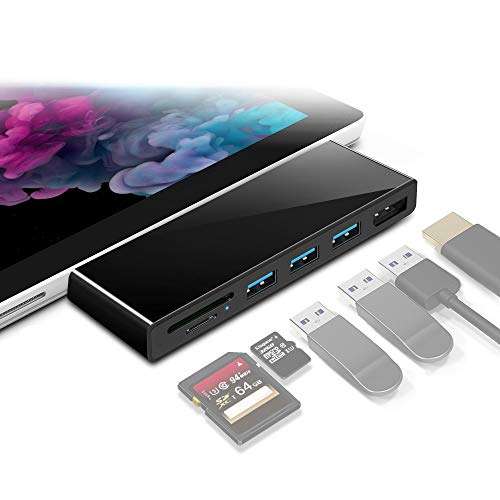Surface Pro USB Hub Adapter Docking Station, Rocketek 6-in-1 USB 3.0 Hub Adapter Dongle with Surface Pro Dock Station Display Port, 3 USB 3.0 Ports, TF SD Card Reader for Surface Pro 6/Pro 5/Pro 4 Hub