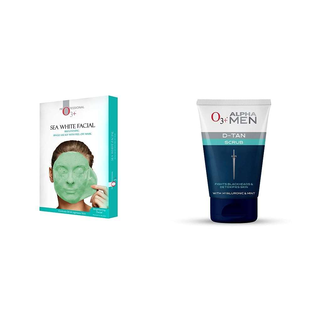 O3+ Sea White Brightening Facial Kit With Peel Off Mask Suitable (45g, Single Use Facial Kit) & O3+ ALPHA MEN Acno D-TAN Scrub With Hyaluronic & Mint 50g - Detan Scrub for TAN removal Combo 2