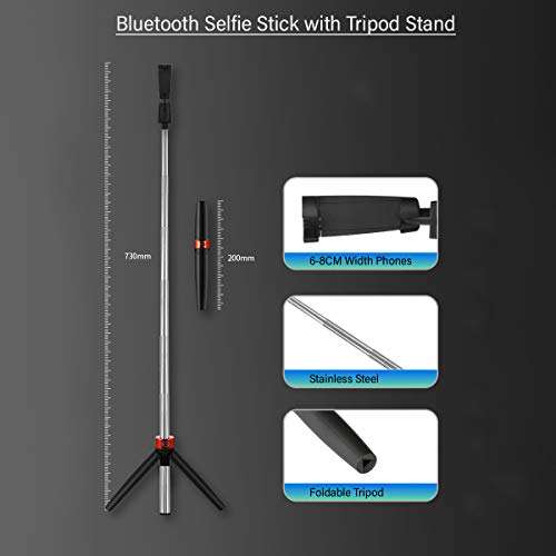 pTron Glam Plus Bluetooth Extendable Selfie Stick with Tripod Stand, Wireless Remote, 73cm Extended Length, Compatible with 6-8cm Width Phones & Replaceable Battery - (Black & Red) 2