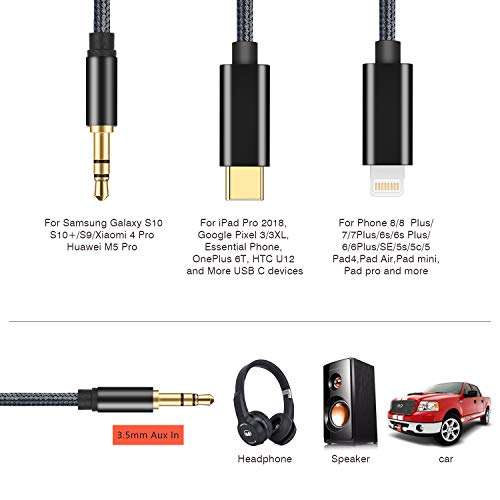 3 in 1 Car Aux Cable, Mxcudu 3 in 1 Headset Audio Cord Car Stereo Aux Cable Compatible with Google Pixel 3/3XL, OnePlus 7Pro/6T, Samsung Galaxy Note 10+/S10/S9, iPhone Xs/XR/8 Plus/7 and More (Black) 2