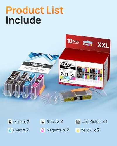 10 Pack 280 281 XXL Ink Cartridges Replacement for Canon 280 281 Ink cartridges PGI280XXL CLI281XXL Compatible with PIXMA TR8620a TS9521C TR7520 TR8620 TR8520 TR8600 TR7520 TS702a TS9520 TS6120 4