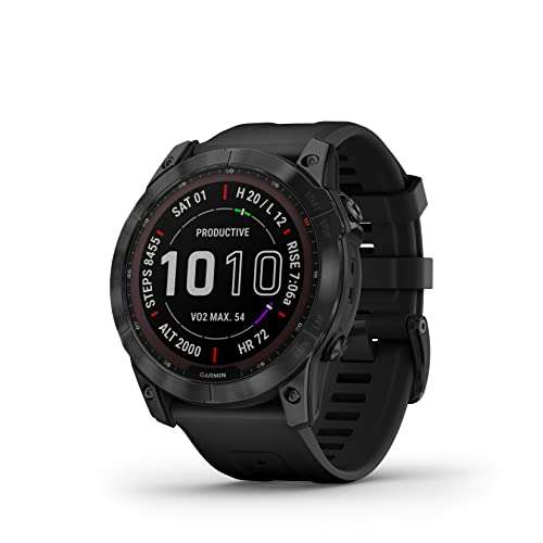 Garmin Fenix 7X Sapphire Solar, Larger Sized Adventure smartwatch, with Solar Charging Capabilities, Rugged Outdoor Watch with GPS, Touchscreen, Wellness Features, Black DLC Titanium with Black Band