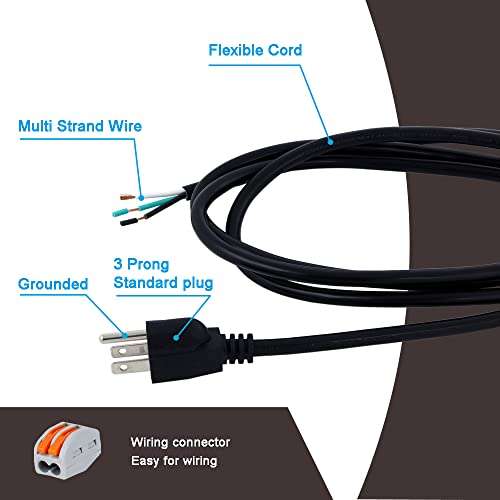 Power Cord Pigtail 16 AWG 3 Prong 12 Foot Open End 3 Wire Heavy Duty SJT 16 Gauge Power Supply Cord 120V AC NEMA 5-15P, Replacement Power Cable 13A, 1625W at 125VAC 4