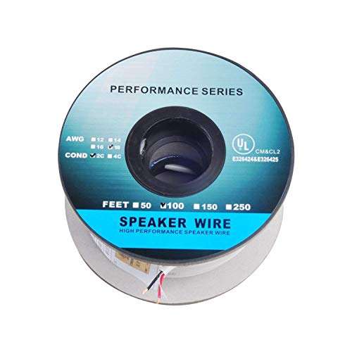 100ft (30m) Pro Series 18 Gauge 2-Conductor Speaker Wire (100 Feet / 30 Meter) White 99.9% Oxygen Free Copper ETL Listed & CL2 Rated with White PVC Jacket (for in-Wall Installation) (CNE729206) 1