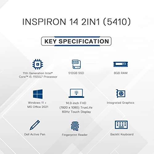 Dell New Inspiron 5410 2In1 Laptop Intel I5-1155G7, 8Gb, 512Gb Ssd, Windows 11 + Ms Office'21, 14 Inches (35.56 Cms) Touch Fhd 60Hz, Silver Color, Fpr + Backlit Kb & Active Pen (D560627Win9S), 1.5Kgs 5