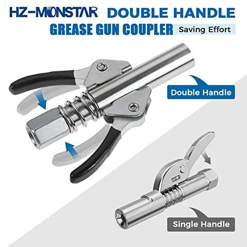 HZ-MONSTAR Grease Gun Coupler, 17000 PSI Double Handle Quick Lock Release Grease Tips Ends Couplers, Grease Gun Tip Grease Fittings Compatible with All Grease Guns 1/8" NPT Fittings Black 6