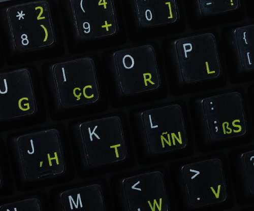 PROGRAMMER DVORAK KEYBOARD LABELS LAYOUT WITH YELLOW LETTERING ON TRANSPARENT BACKGROUND 4