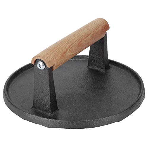Round Cast Iron Meat Baken Steak Presers with Wooden Handle Presser Grill Accessories 7.1x7.1x3.1in for Barbecue Bacon BBQ Household