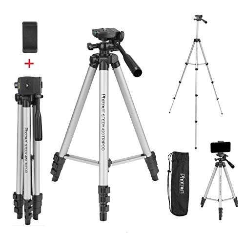 Photron Stedy 420 Tripod 127 cm (50 Inch) with Mobile Holder for Smart Phone, Camera, Mobile Phone | Extends to 1240mm (4 Feet) | Folds to 425mm(1.4 Feet) | Weight Load Capacity: 2.5kg | Case Included, Silver 1